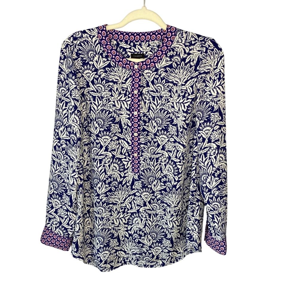Talbots Navy White Floral Henley Blouse Long Sleeve Button Top Womens Size M